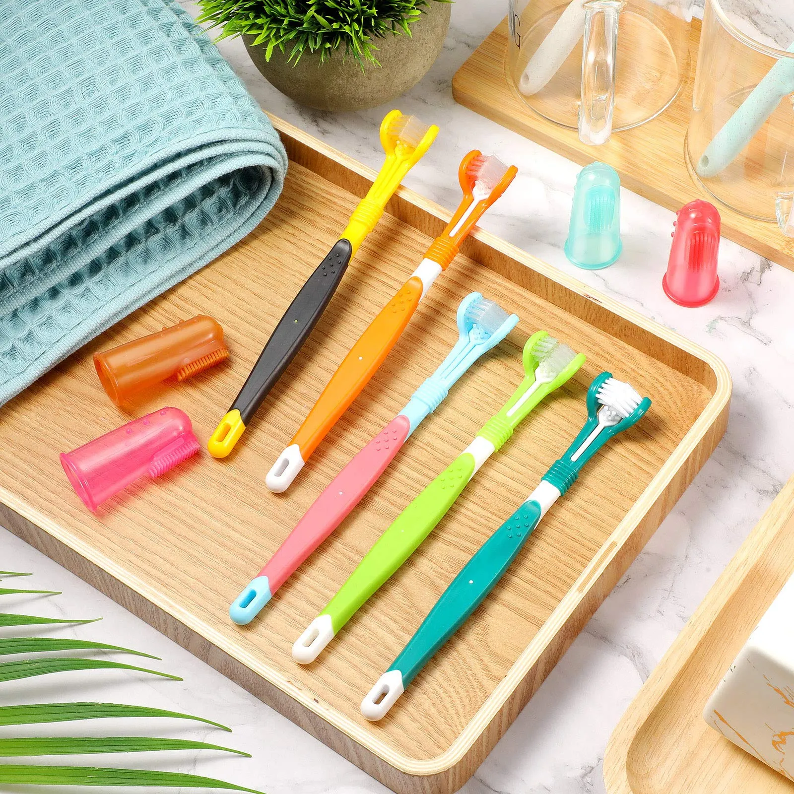 10 Pieces Pet Toothbrush Set, Include 5 Pieces 3-Sided Dog Toothbrush and 5 Pieces Silicone Dog Finger Toothbrush for Small to Large Dogs Cats Maintaining Dental Cleanliness