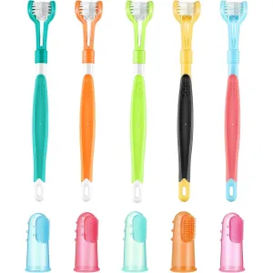 10 Pieces Pet Toothbrush Set, Include 5 Pieces 3-Sided Dog Toothbrush and 5 Pieces Silicone Dog Finger Toothbrush for Small to Large Dogs Cats Maintaining Dental Cleanliness