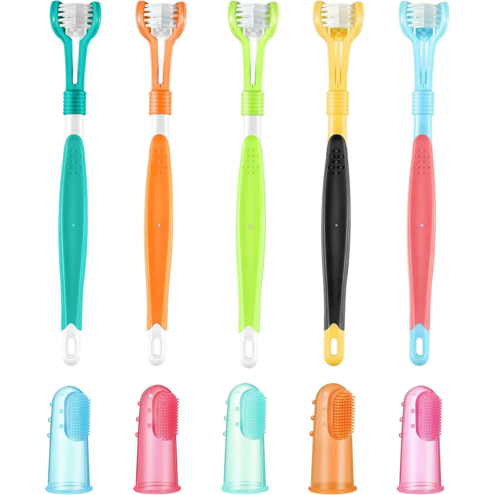 10 Pieces Pet Toothbrush Set, Include 5 Pieces 3-Sided Dog Toothbrush and 5 Pieces Silicone Dog Finger Toothbrush for Small to Large Dogs Cats Maintaining Dental Cleanliness