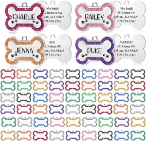 100 Pcs Personalized Dog Tags with Glitter Blank Pet ID for Engraving 4.6mm Metal Bone Shape Name DIY Engraved Puppy Cat, 12 Colors