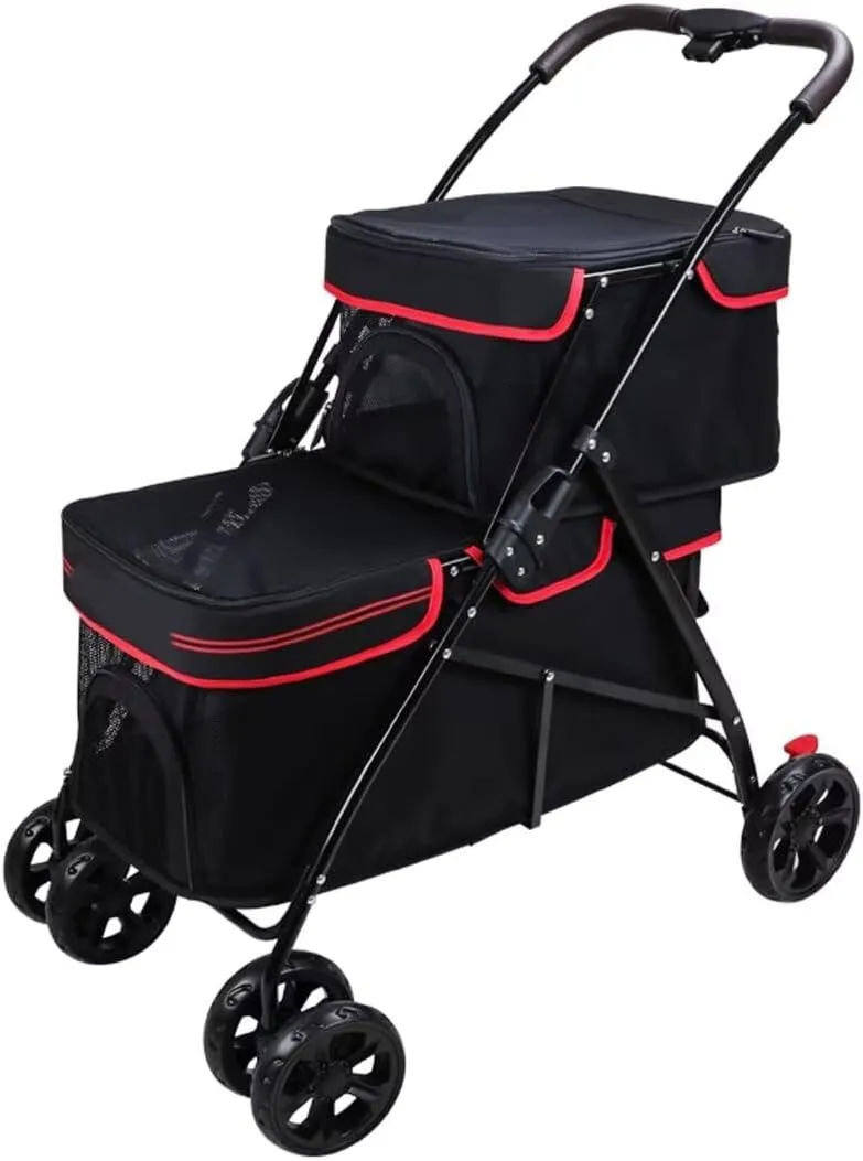 2 Layers pet Stroller for Dogs and Cats,4 Wheels pet pram cart,Foldable pet Trolley,Shock Absorber Swivel Front Wheel,Rear Wheel with Foot Brakes,Cabin with Front Zipped mesh Door