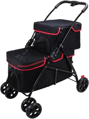 2 Layers pet Stroller for Dogs and Cats,4 Wheels pet pram cart,Foldable pet Trolley,Shock Absorber Swivel Front Wheel,Rear Wheel with Foot Brakes,Cabin with Front Zipped mesh Door