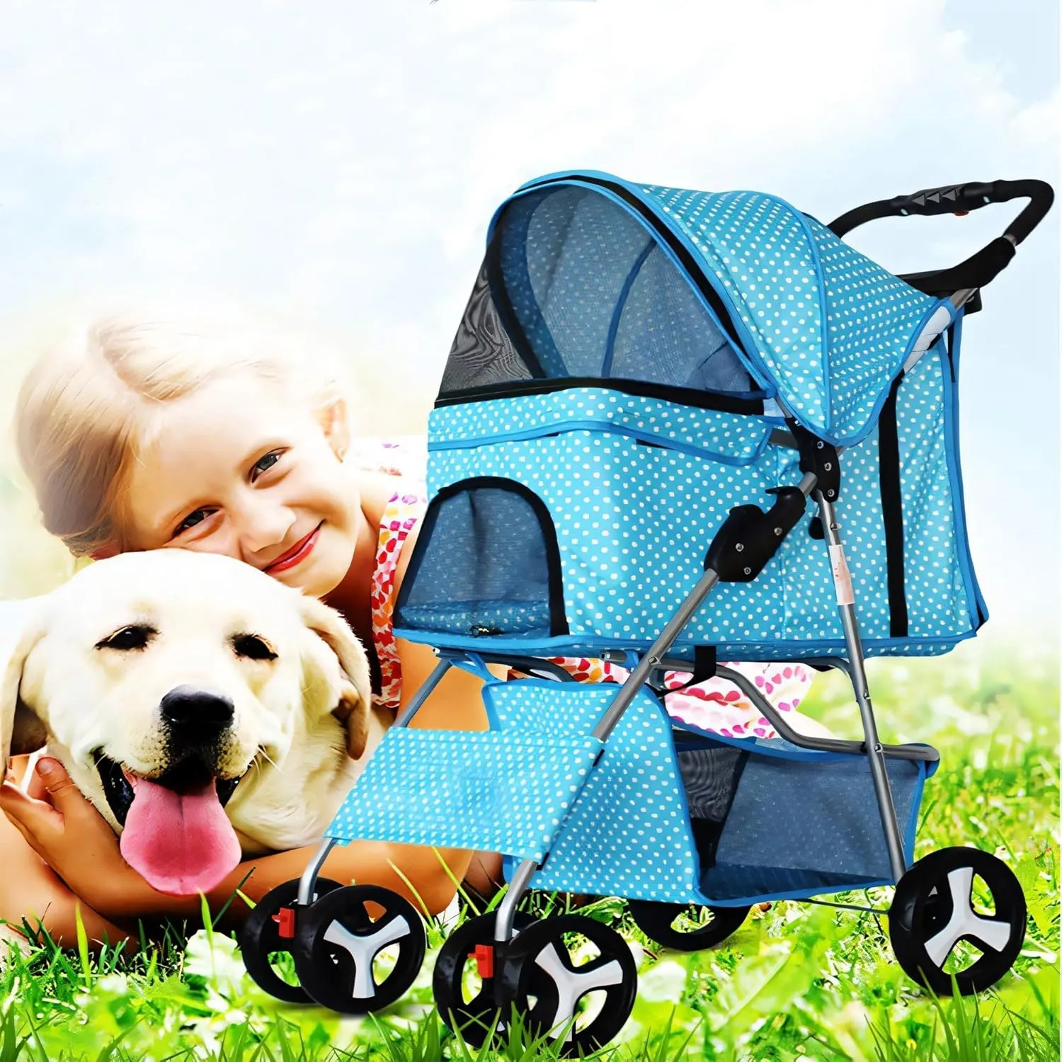 4 Wheel Pet Stroller for Cat, Dog and More, Foldable Carrier Strolling Cart, Folding Cat Jogger Stroller with Storage Basket & Breathable Mesh, Dark Blue