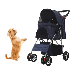 4 Wheel Pet Stroller for Cat, Dog and More, Foldable Carrier Strolling Cart, Folding Cat Jogger Stroller with Storage Basket & Breathable Mesh, Dark Blue