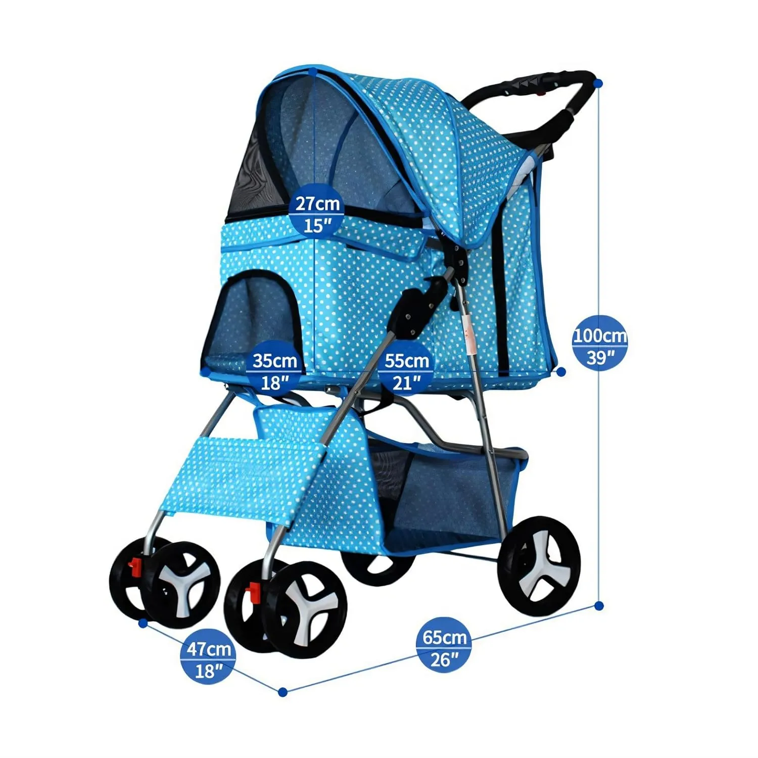 4 Wheel Pet Stroller for Cat, Dog and More, Foldable Carrier Strolling Cart, Folding Cat Jogger Stroller with Storage Basket & Breathable Mesh, Dark Blue