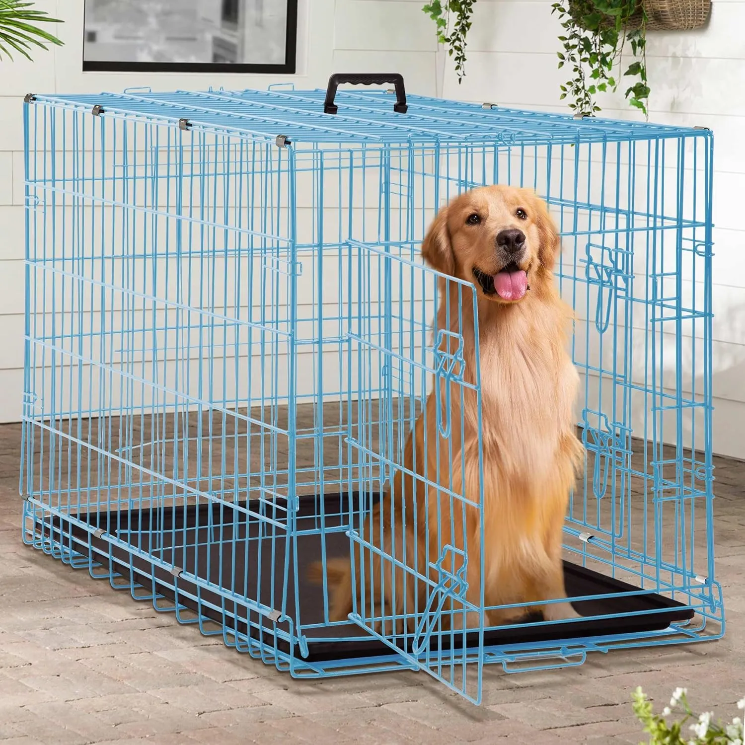 42 Inch Medium Dog Kennel - Foldable, Double Door, Leak-Proof Tray, Blue Puppy Crate for Indoor/Outdoor Use