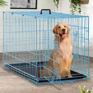 42 Inch Medium Dog Kennel - Foldable, Double Door, Leak-Proof Tray, Blue Puppy Crate for Indoor/Outdoor Use