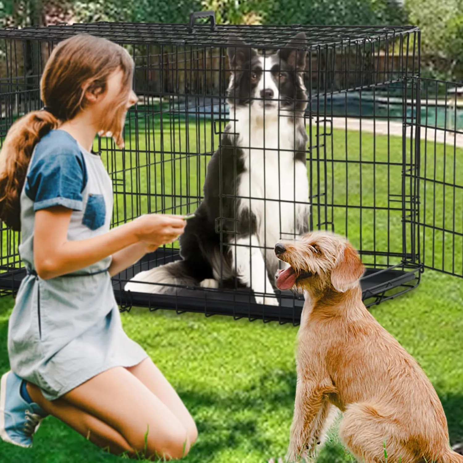 48 Inch Dog Crate Extra Large Dog Cage for Large Dogs Folding Mental Wire Dog Kennel Outdoor and Indoor with Double-Door Divider Panel Removable Tray and Handle L XL XXL