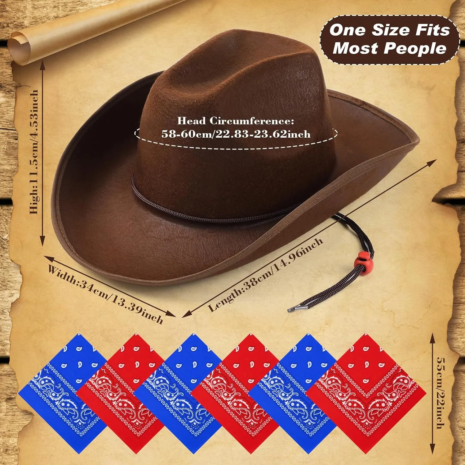 6 Sets Adult Cowboy Hat for Women and Men Western Cowgirl Hats with Adjustable Drawstring and Cowboy Party Paisley Bandana