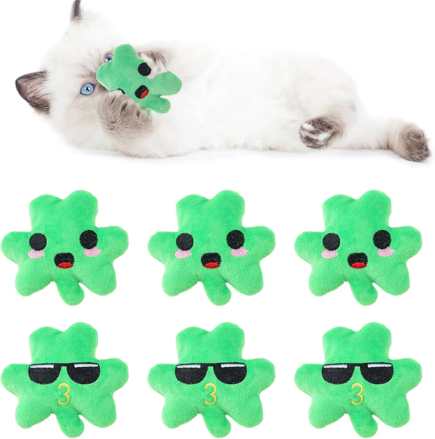 6pcs St. Patrick's Day Shamrock Catnip ToyIndoor Shamrock Shaped Cat Toy Plush Interactive Chew Bite Toys for Cat Kitten Indoor Festive Holiday Cat Lover Gift