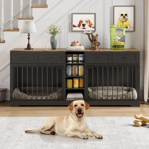 82 Double Dog Crate Furniture, Large Dog Kennel Indoor for 2 Dogs, Heavy Duty Wooden Dog Crate TV Stand with 4 Drawers and Shelves, Black
