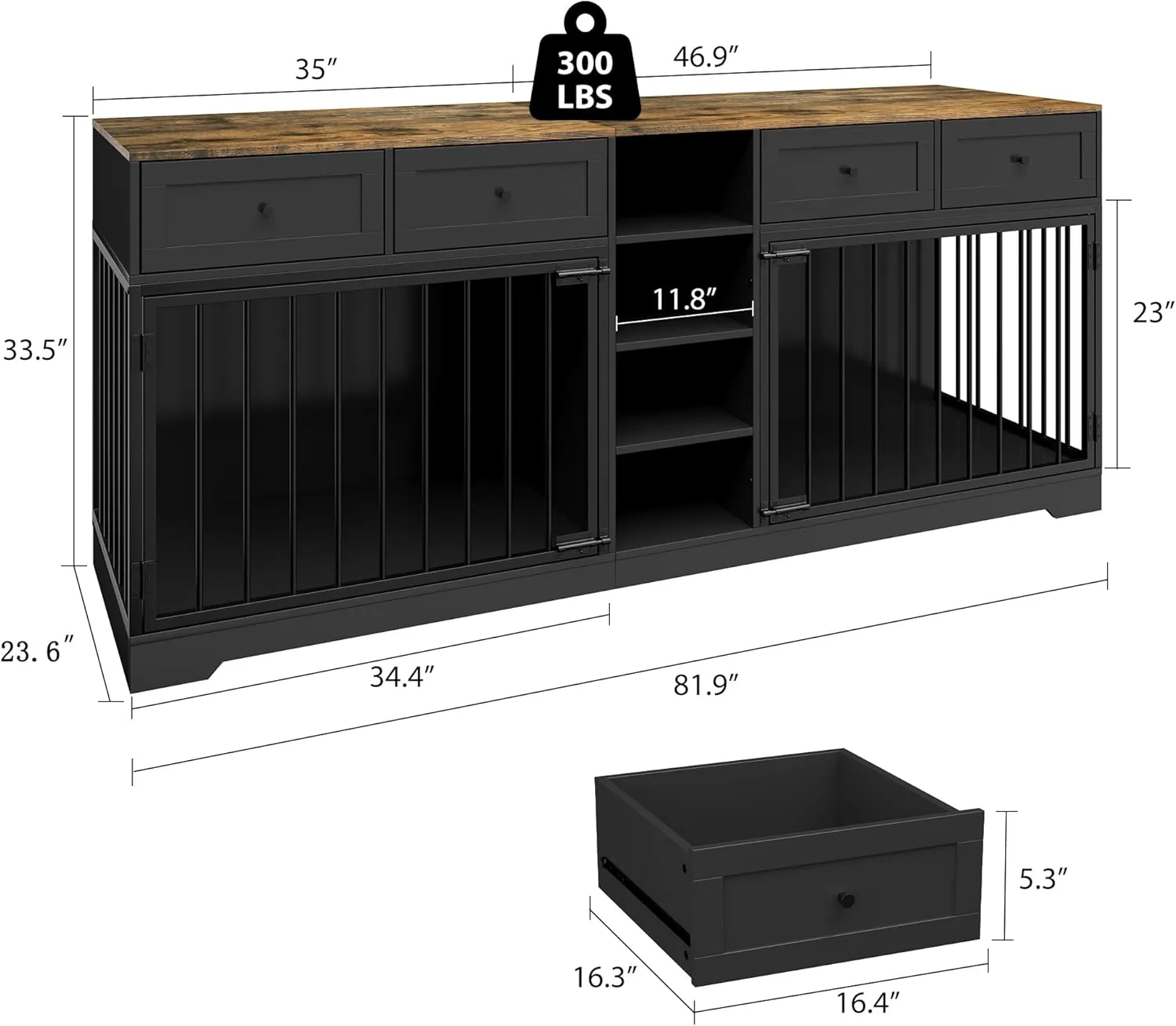 82 Double Dog Crate Furniture, Large Dog Kennel Indoor for 2 Dogs, Heavy Duty Wooden Dog Crate TV Stand with 4 Drawers and Shelves, Black