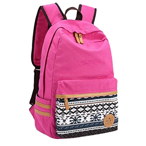 ABage Women's Canvas Backpacks Casual Style Lightweight Cut School Backpacks, Rose Red
