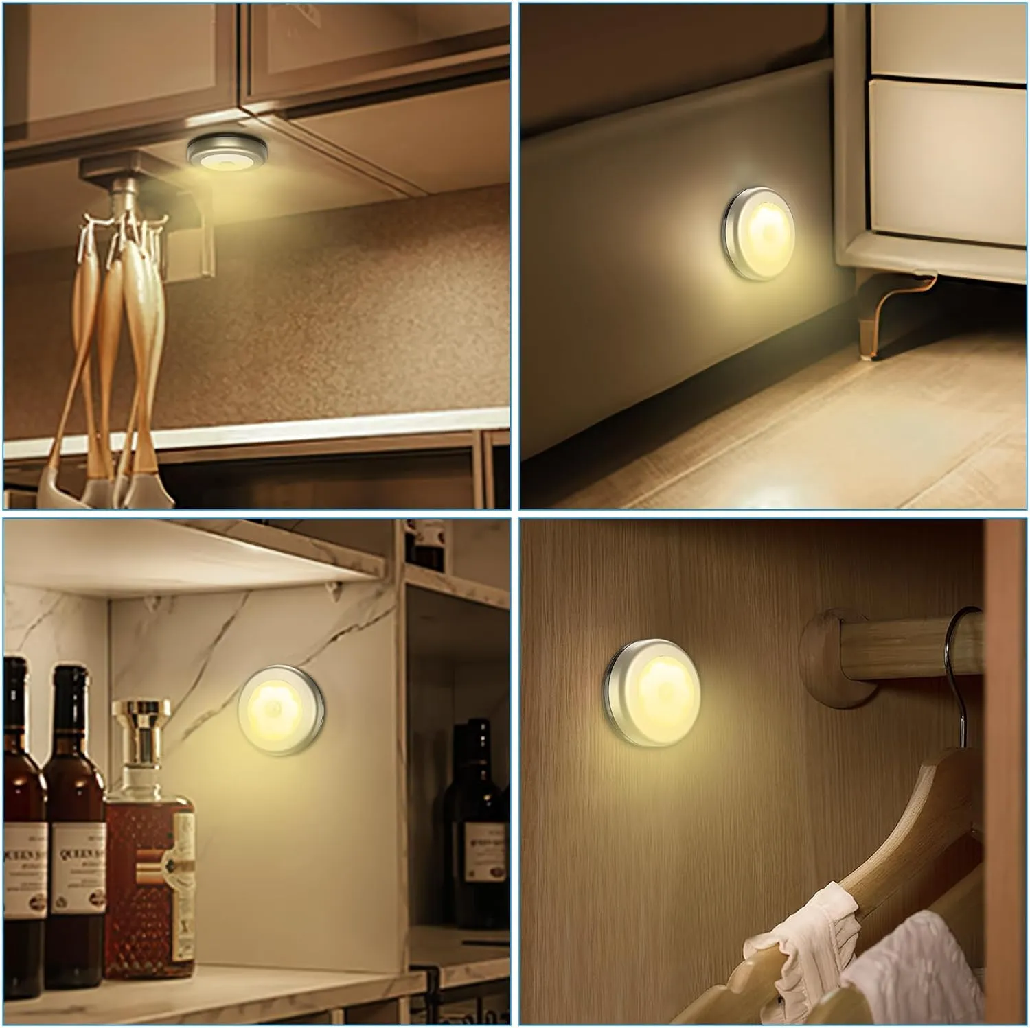 AMIR 3.15 Motion Sensor Light, 6 Pack Cordless Battery-Powered LED Night Light, Stick-Anywhere Closet Lights Stair Lights, Safe Lights for Hallway, Bathroom, Bedroom, Kitchen (Golden - Warm White)