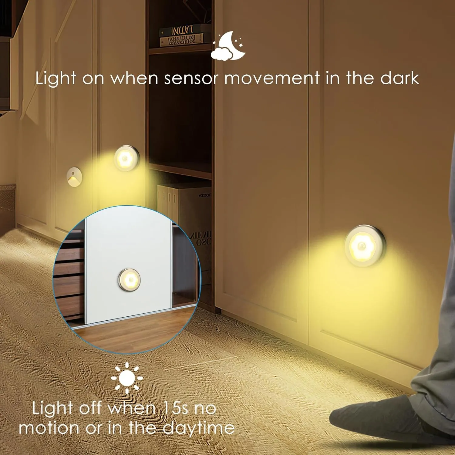 AMIR 3.15 Motion Sensor Light, 6 Pack Cordless Battery-Powered LED Night Light, Stick-Anywhere Closet Lights Stair Lights, Safe Lights for Hallway, Bathroom, Bedroom, Kitchen (Golden - Warm White)