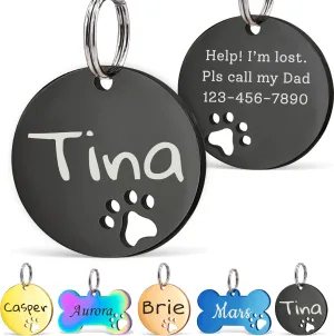 Anavia Paw Print Pet ID Tags, S/M/L Personalized Color Plated Stainless Steel Cat Dog Tags, Customized Engraved Glossy Dog Name Tag Pet Collar Tag (Black, Round-Large)