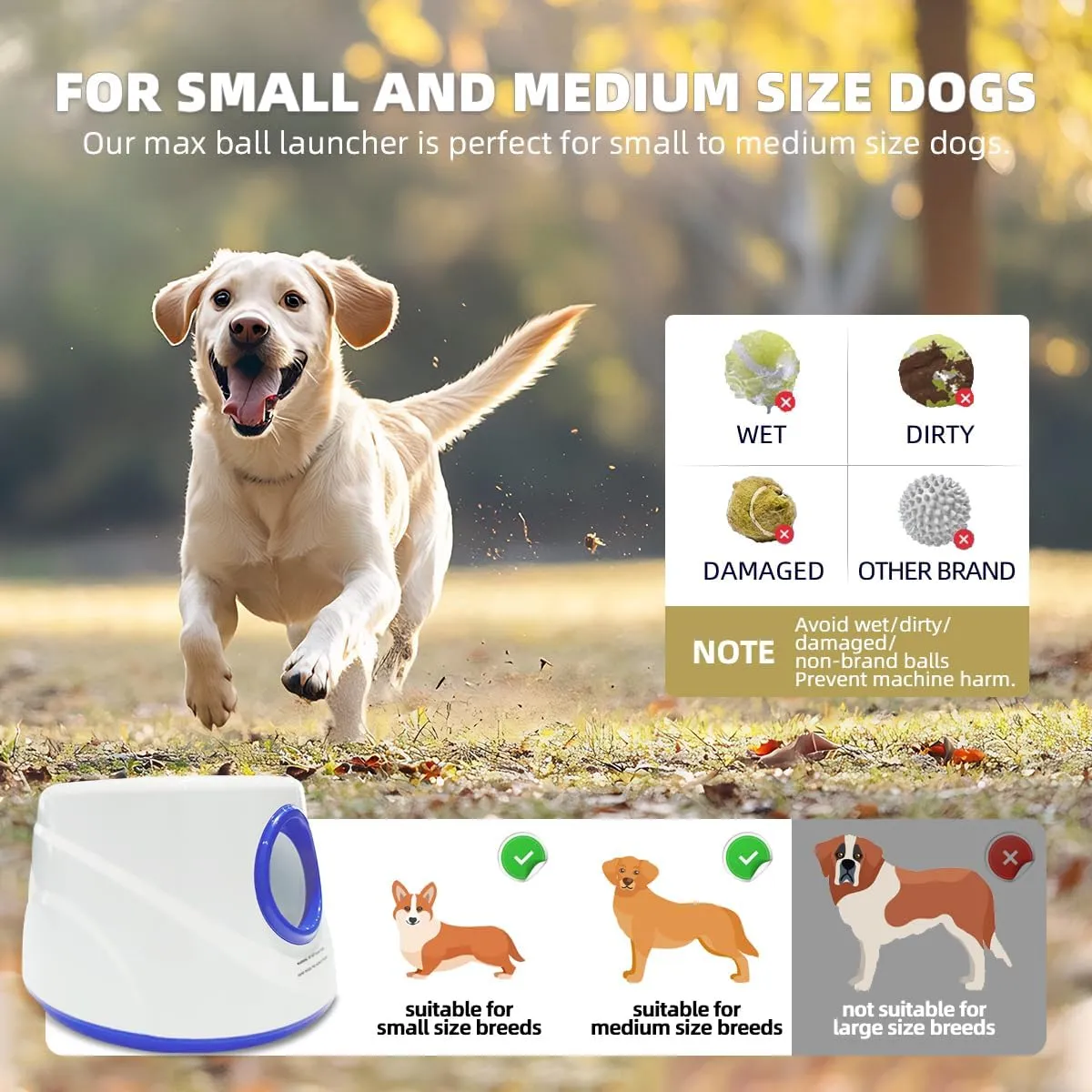 Automatic Dog Ball Launcher- Small Silent Dog Ball Thrower with Remote Control, 3 Adjustable Distances (20ft/33ft/46ft), Rechargable,Includes 3 Durable 2.3" Balls for Small/Medium Dogs