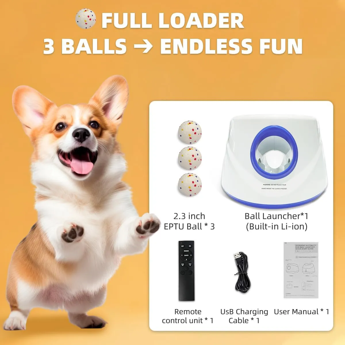 Automatic Dog Ball Launcher- Small Silent Dog Ball Thrower with Remote Control, 3 Adjustable Distances (20ft/33ft/46ft), Rechargable,Includes 3 Durable 2.3" Balls for Small/Medium Dogs