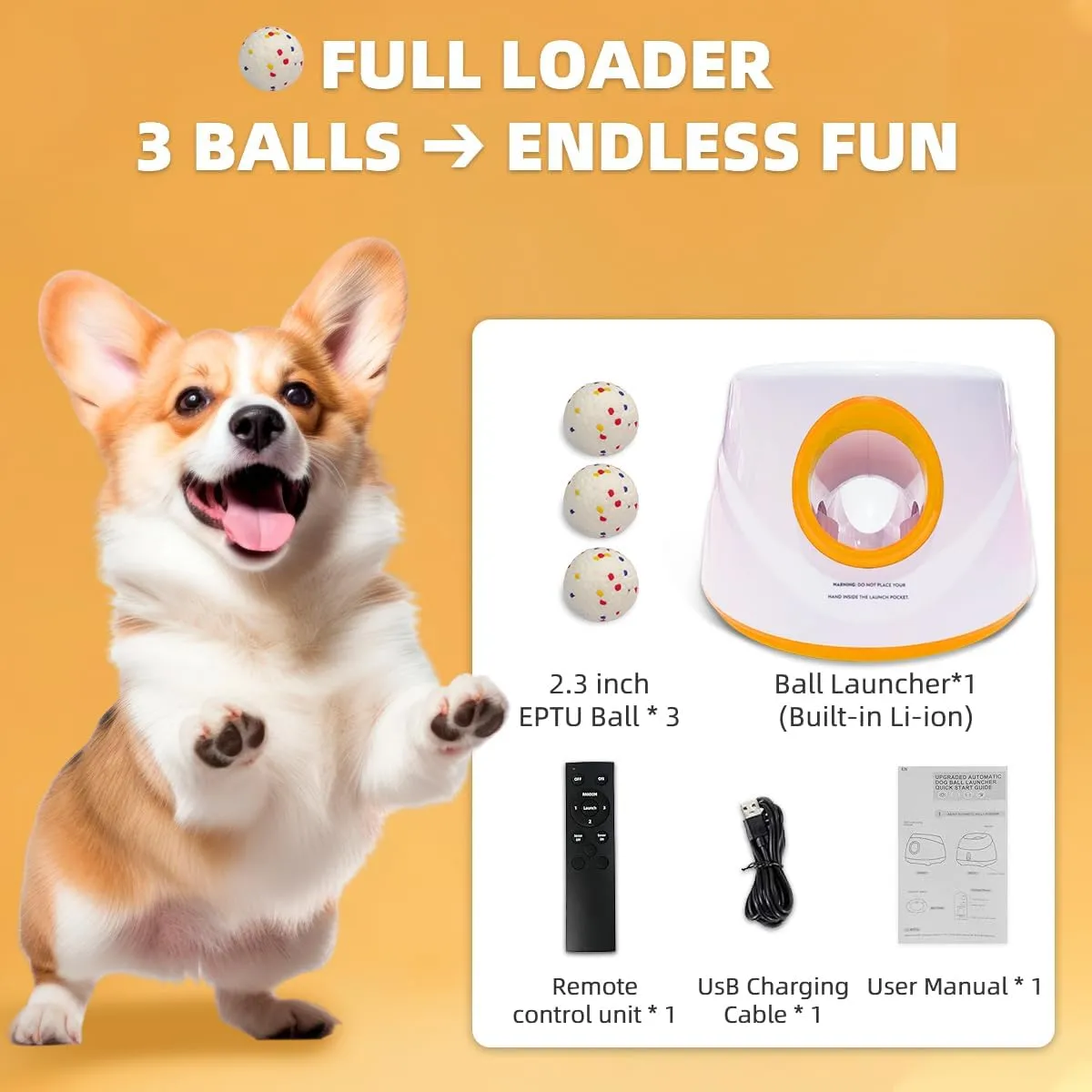 Automatic Dog Ball Launcher- Small Silent Dog Ball Thrower with Remote Control, 3 Adjustable Distances (20ft/33ft/46ft), Rechargable,Includes 3 Durable 2.3" Balls for Small/Medium Dogs