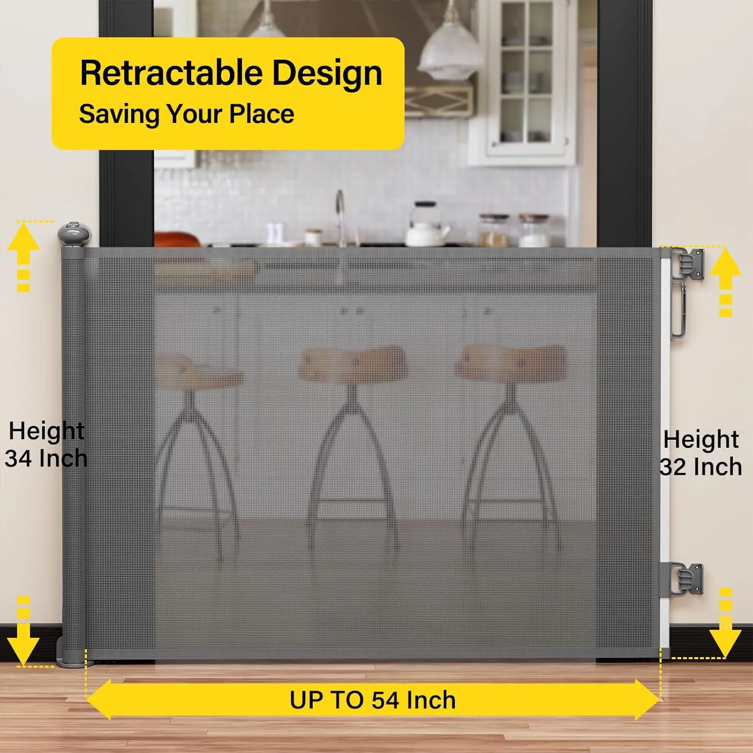 Babepai Retractable Baby Gates for Stairs, Dog Gates for Doorways, Mesh Baby Gate Extends to 54" Wide 34" Tall, Pet Gate Indoor Use for Hallways, Porch, Patio, Outdoor - Gray