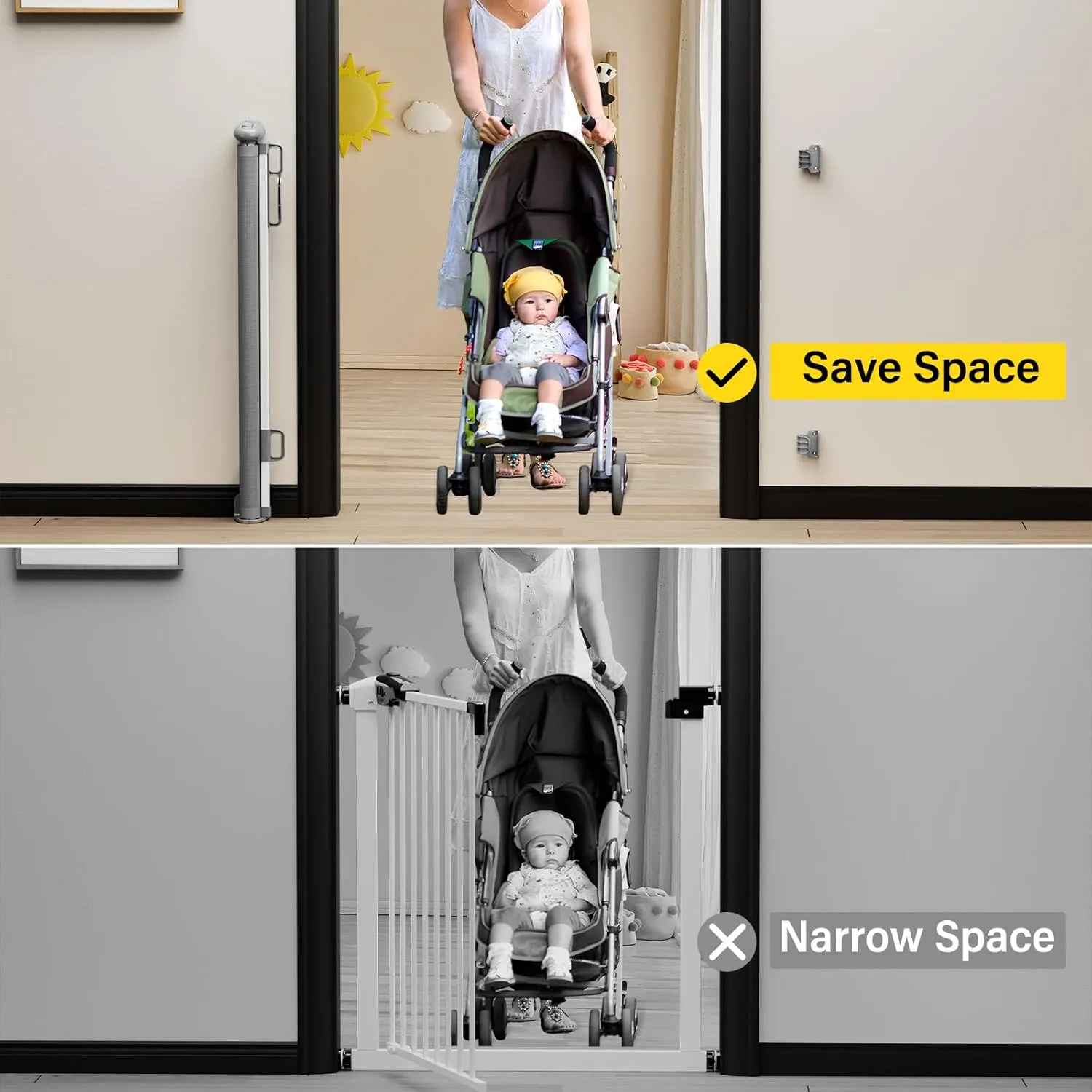 Babepai Retractable Baby Gates for Stairs, Dog Gates for Doorways, Mesh Baby Gate Extends to 54" Wide 34" Tall, Pet Gate Indoor Use for Hallways, Porch, Patio, Outdoor - Gray
