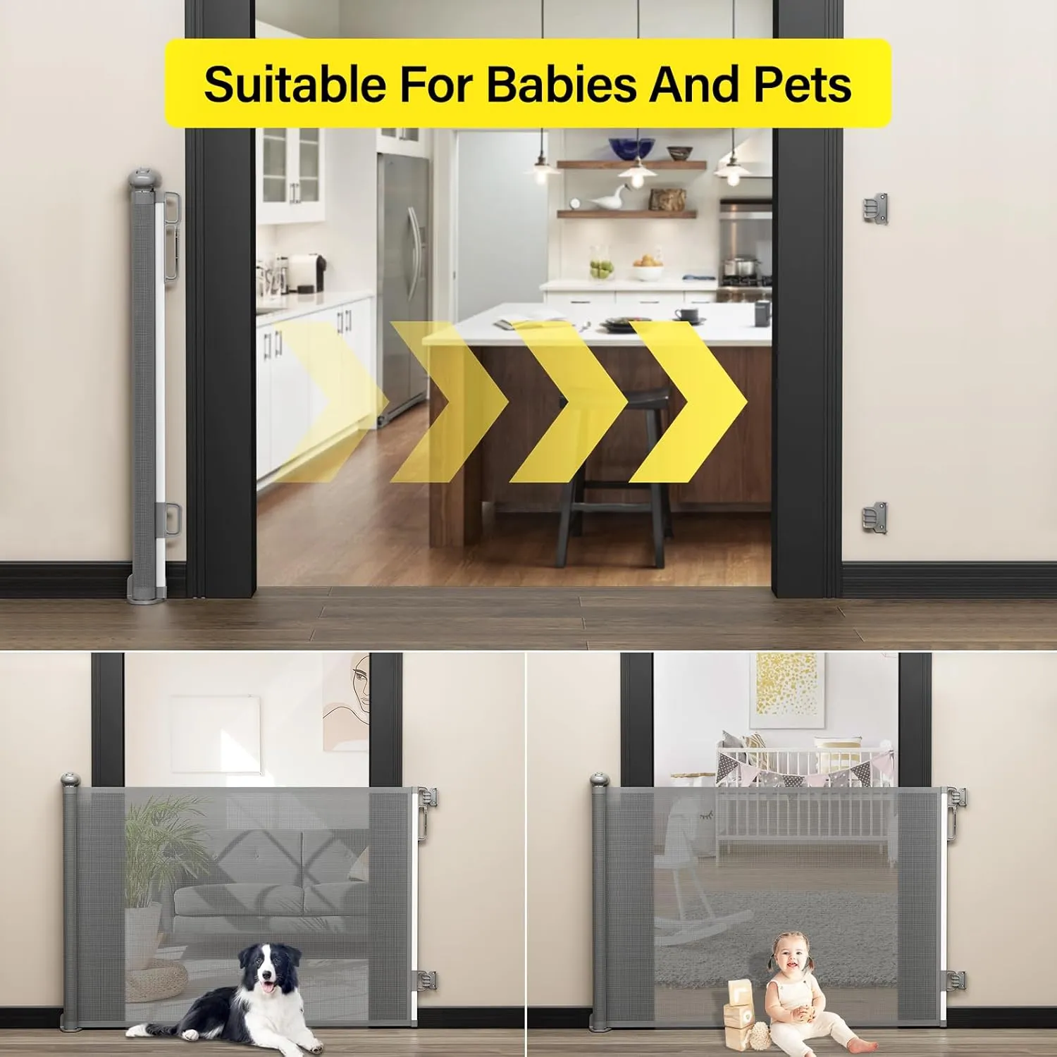 Babepai Retractable Baby Gates for Stairs, Dog Gates for Doorways, Mesh Baby Gate Extends to 54" Wide 34" Tall, Pet Gate Indoor Use for Hallways, Porch, Patio, Outdoor - Gray