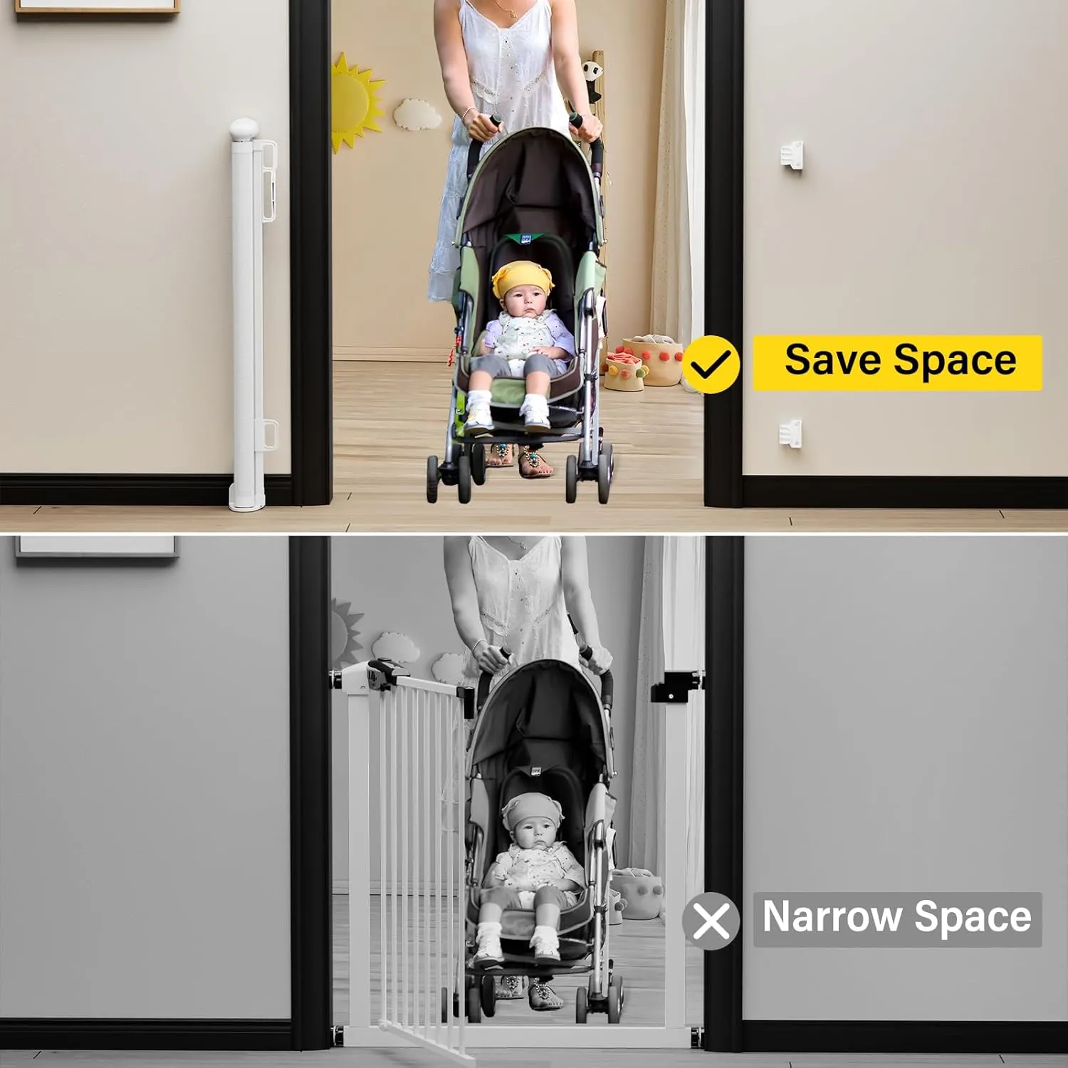 Babepai Retractable Baby Gates for Stairs, Dog Gates for Doorways, Mesh Baby Gate Extends to 54" Wide 34" Tall, Pet Gate Indoor Use for Hallways, Porch, Patio, Outdoor - White