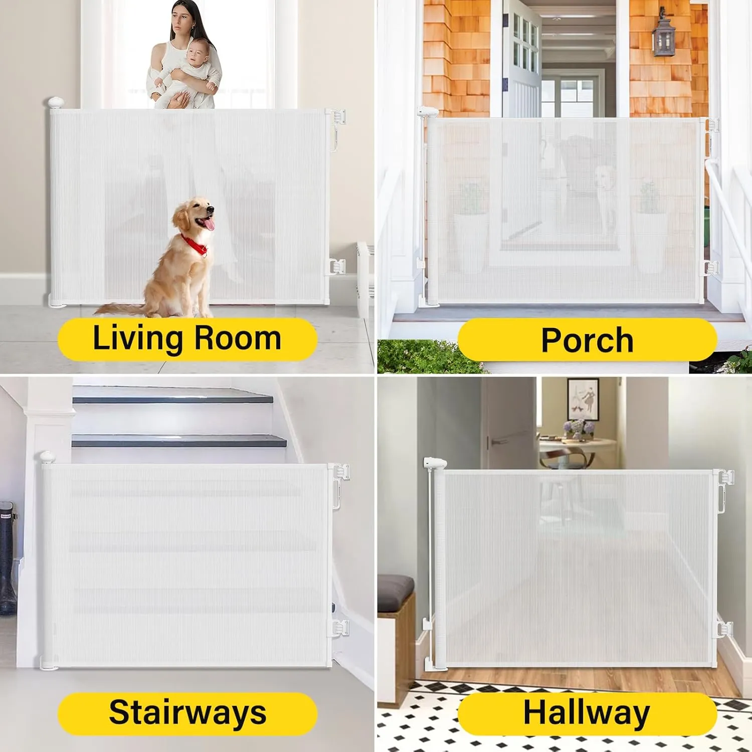 Babepai Retractable Baby Gates for Stairs, Dog Gates for Doorways, Mesh Baby Gate Extends to 54" Wide 34" Tall, Pet Gate Indoor Use for Hallways, Porch, Patio, Outdoor - White