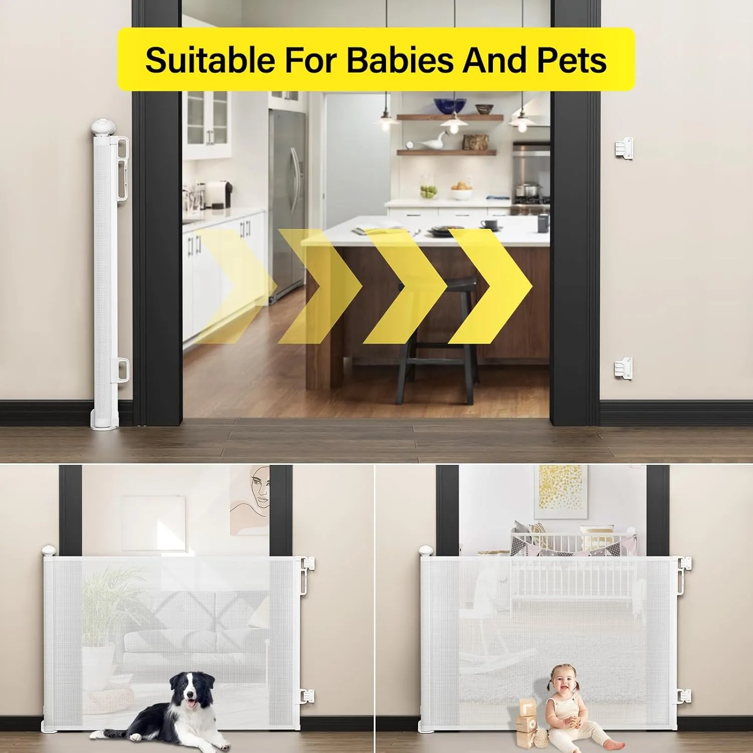 Babepai Retractable Baby Gates for Stairs, Dog Gates for Doorways, Mesh Baby Gate Extends to 54" Wide 34" Tall, Pet Gate Indoor Use for Hallways, Porch, Patio, Outdoor - White