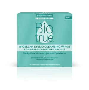 Biotrue Micellar Eyelid Care for Irritated and Dry Eyes Cleansing Wipes, Preservative Free, from Bausch   Lomb, Multi, 30 Count Unscented 30 Count (Pack of 1)