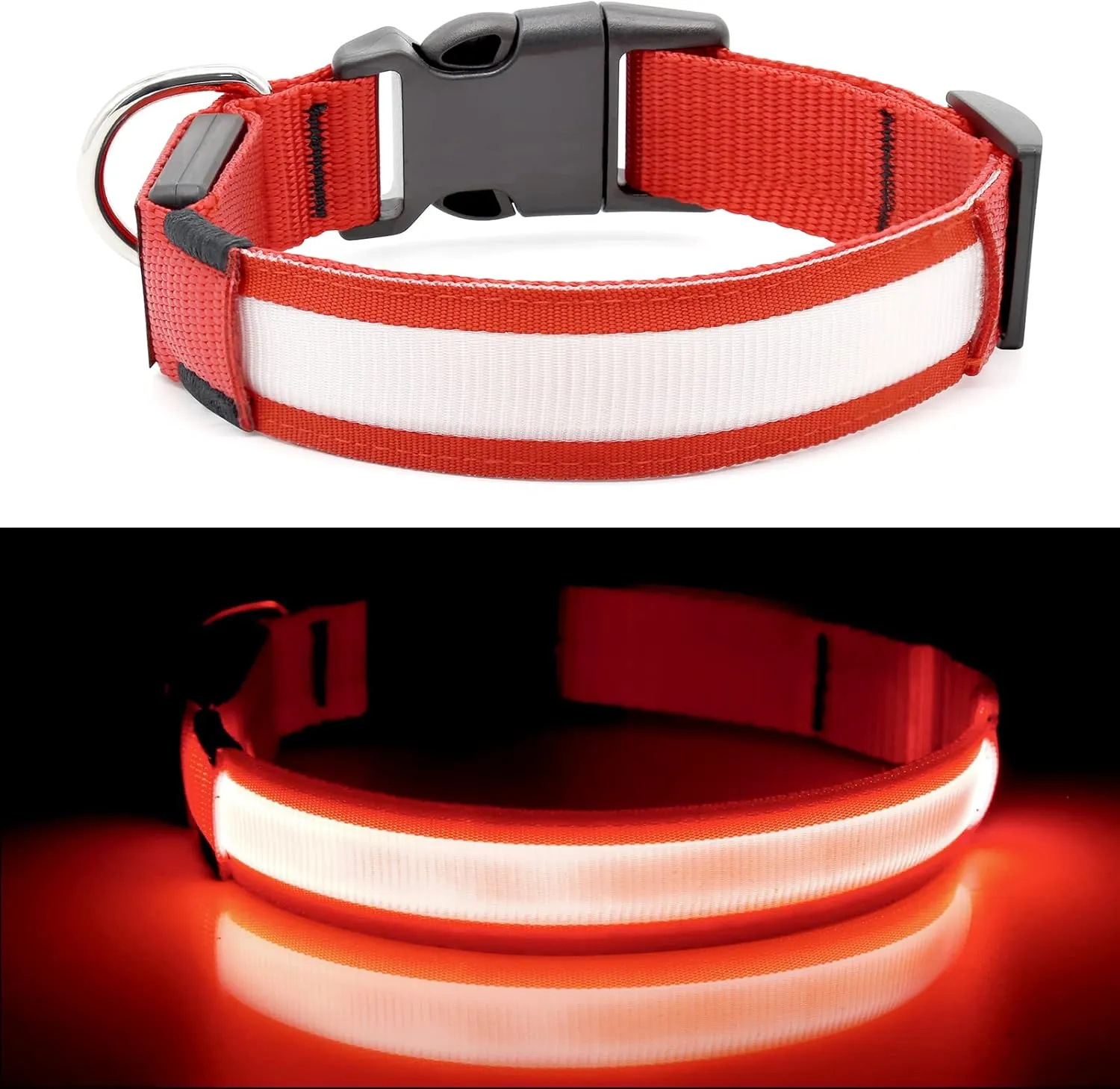 BSEEN Light Up Dog Collar - Rechargeable LED Dog Collar - Water-Resistant Reflective Puppy Collars- Glow in The Dark Christmas Dog Lights for Night Walking (Ruby Red, Medium)