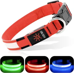 BSEEN Light Up Dog Collar - Rechargeable LED Dog Collar - Water-Resistant Reflective Puppy Collars- Glow in The Dark Christmas Dog Lights for Night Walking (Ruby Red, Medium)
