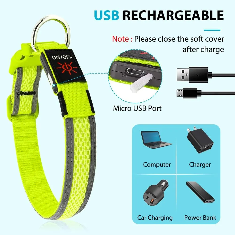 BSEEN Light Up Dog Collar - Reflective LED Dog Collar, Adjustable Puppy Collar, Rechargeable Dog Camping Gear Dog Collar Light for Small Medium Large Dogs (Large, Green )