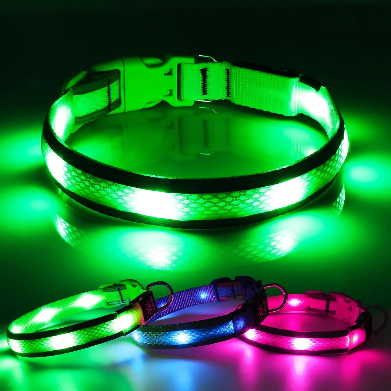 BSEEN Light Up Dog Collar - Reflective LED Dog Collar, Adjustable Puppy Collar, Rechargeable Dog Camping Gear Dog Collar Light for Small Medium Large Dogs (Large, Green )