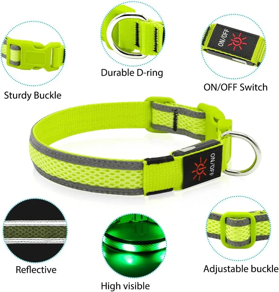 BSEEN Light Up Dog Collar - Reflective LED Dog Collar, Adjustable Puppy Collar, Rechargeable Dog Camping Gear Dog Collar Light for Small Medium Large Dogs (Large, Green )