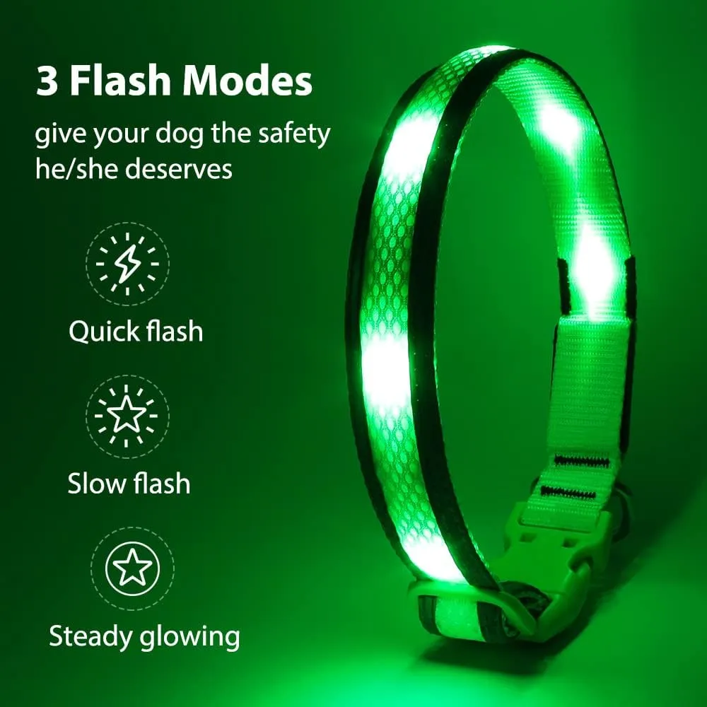 BSEEN Light Up Dog Collar - Reflective LED Dog Collar, Adjustable Puppy Collar, Rechargeable Dog Camping Gear Dog Collar Light for Small Medium Large Dogs (Large, Green )