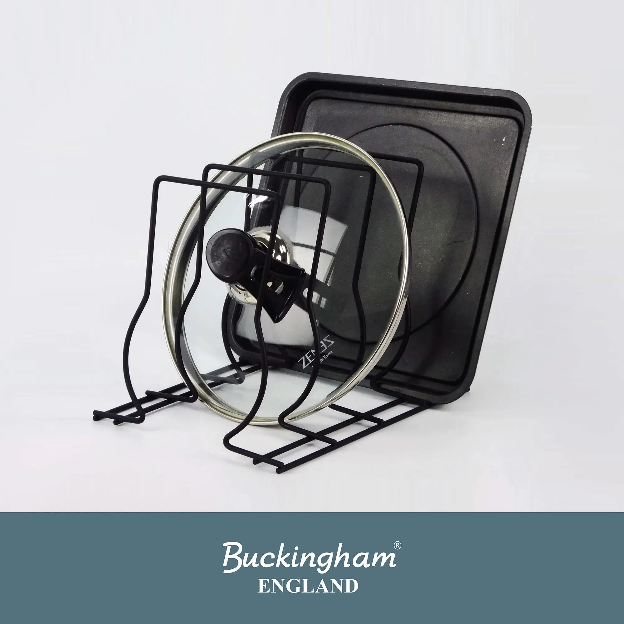 Buckingham Premium Kitchen Organizer Rack Black Heavy Duty Stand for Baking Trays Chopping Board and Lids High End Space Saving Countertop Holder