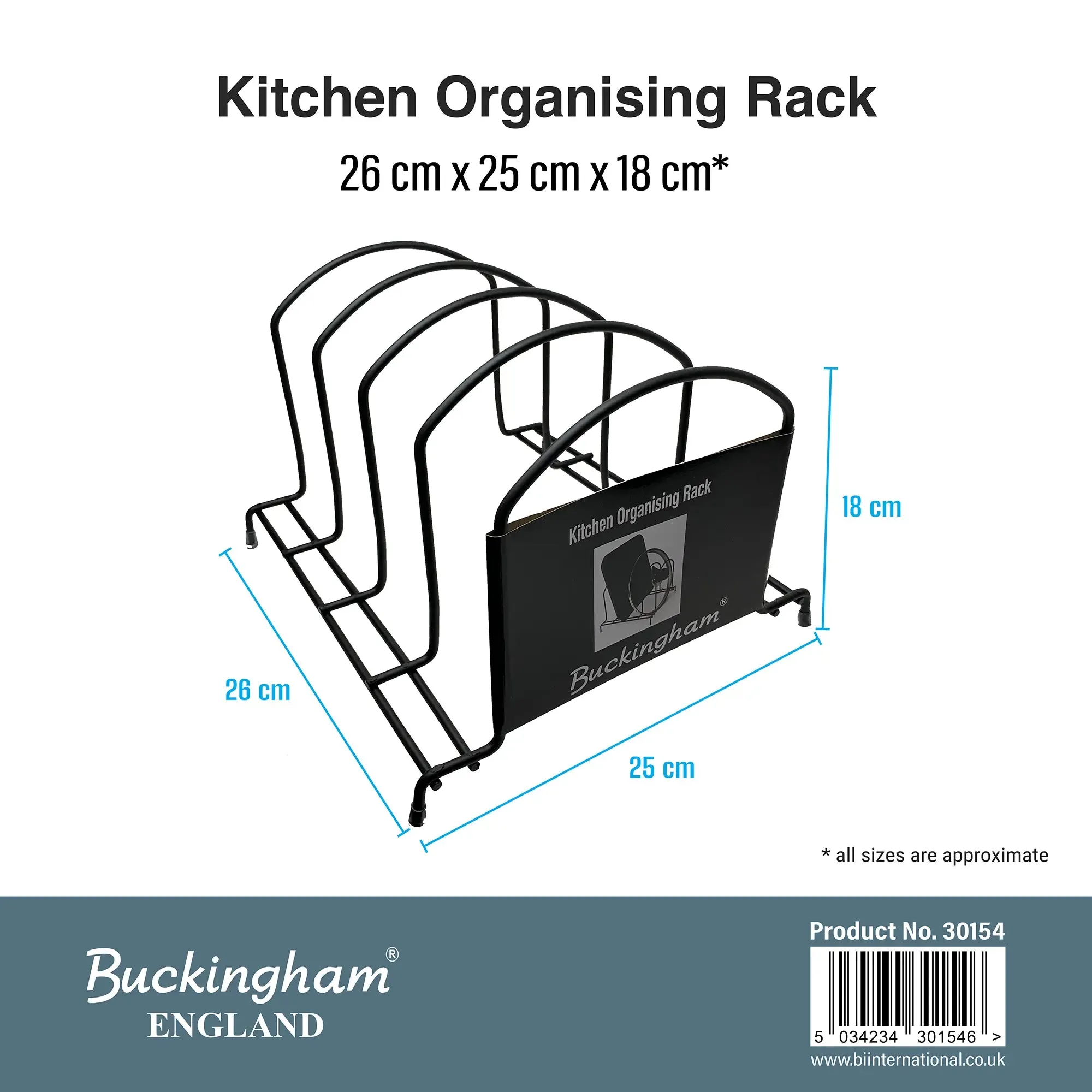 Buckingham Premium Kitchen Organizer Rack Black Heavy Duty Stand for Baking Trays Chopping Board and Lids High End Space Saving Countertop Holder
