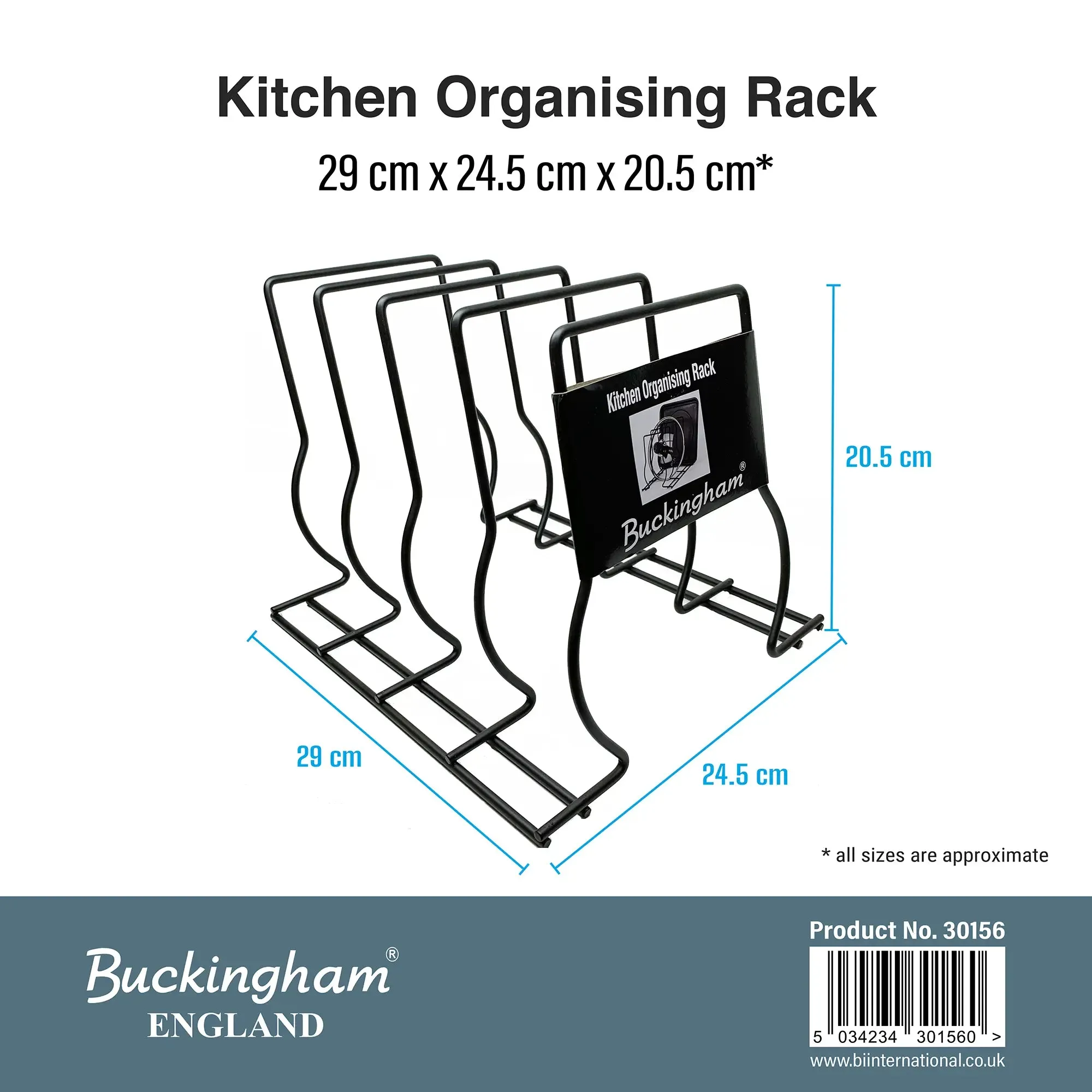 Buckingham Premium Kitchen Organizer Rack Black Heavy Duty Stand for Baking Trays Chopping Board and Lids High End Space Saving Countertop Holder