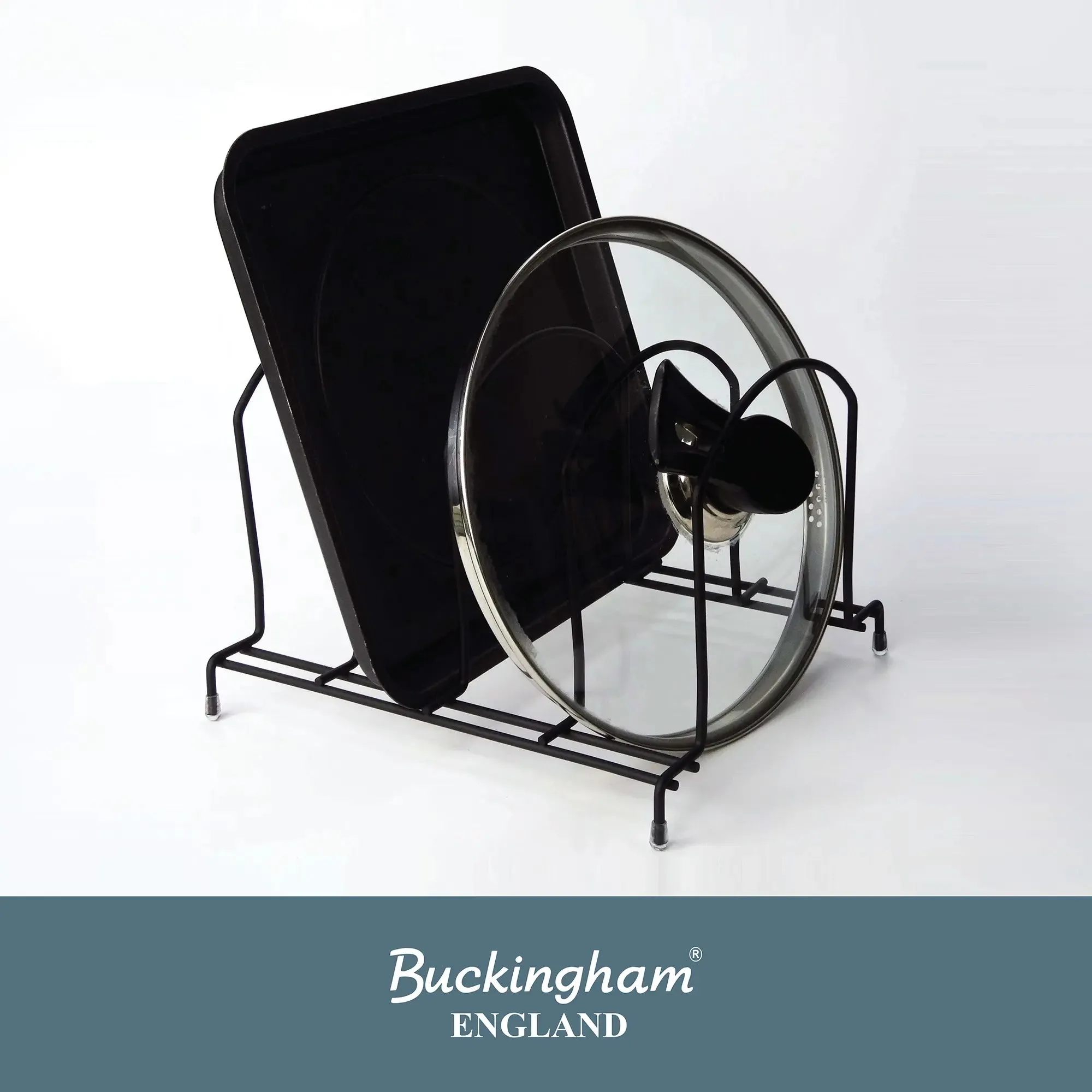 Buckingham Premium Kitchen Organizer Rack Black Heavy Duty Stand for Baking Trays Chopping Board and Lids High End Space Saving Countertop Holder