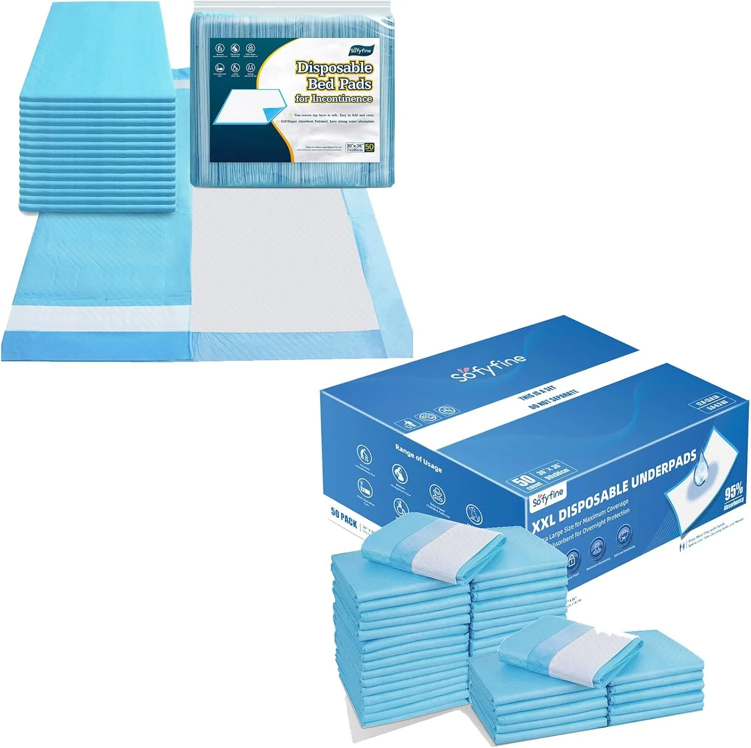 Bundle Total 200 Pads-Bed Pads with Adhesive Strip 30"x36"[100 Pads], Extra Large Thicken Chucks 36"x36"[100 Pads], Heavy Duty Adults Incontinence Underpads Disposable, Extra Large Puppy Pee