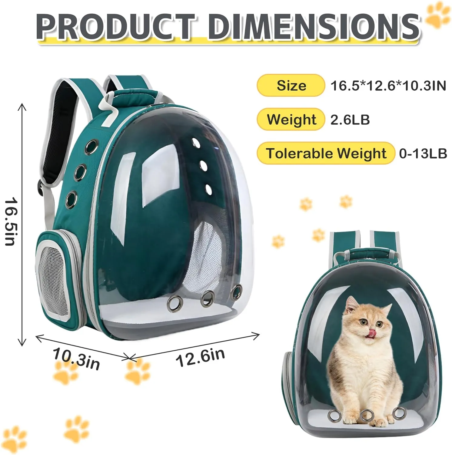 Cat Backpack Carrier Bubble Bag, Transparent Space Capsule Pet Carrier Dog Hiking Backpack, Small Dog Backpack Carrier for Cats Puppies Airline Approved Travel Carrier Outdoor Use Green
