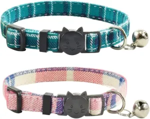 Cat Collar Breakaway with Bell, Cute Plaid Patterns Design Adjustable Kitty Safety Collars 2 Pack Pet Collar for Cats(7-11inches, Teal Pink)