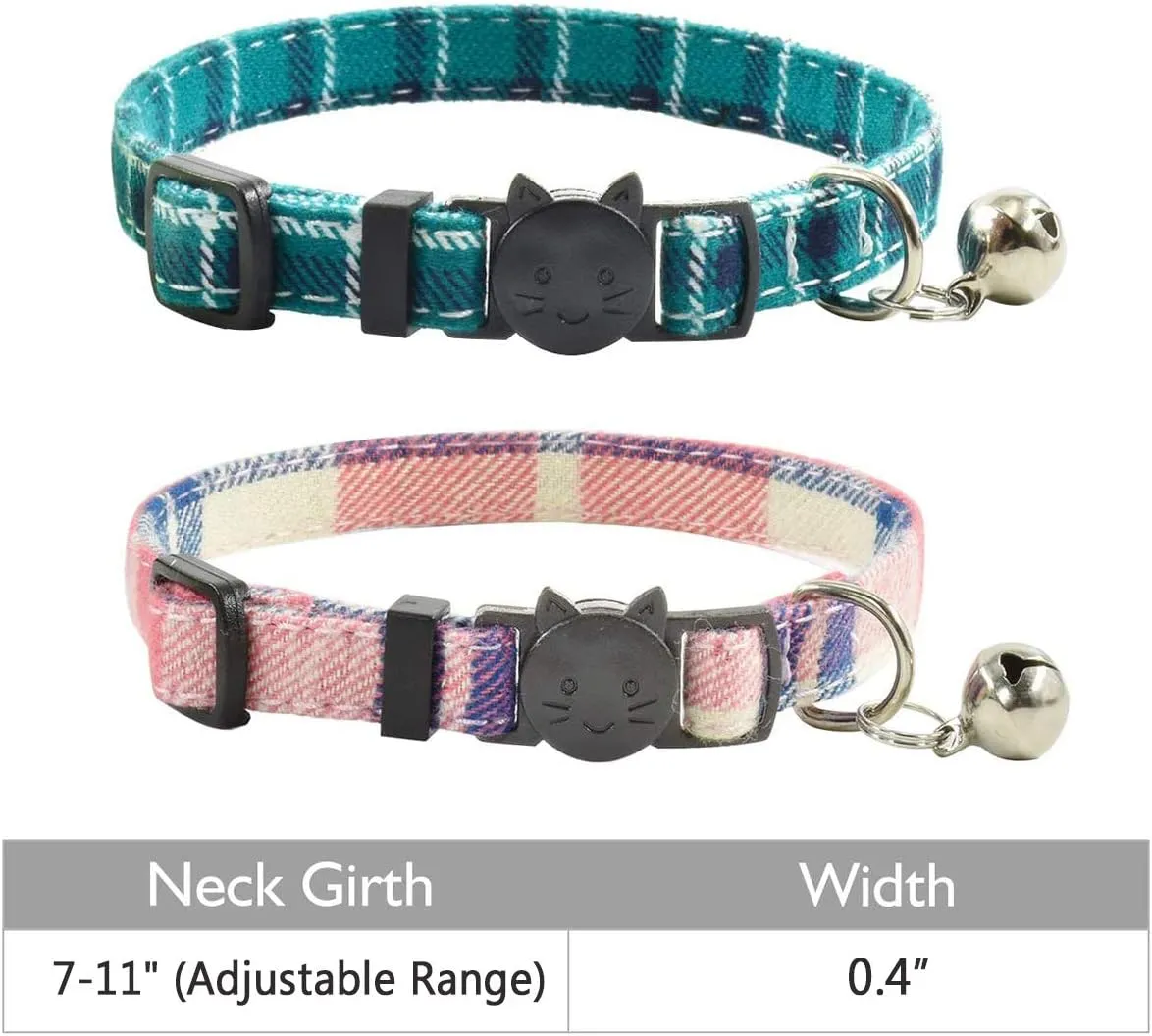Cat Collar Breakaway with Bell, Cute Plaid Patterns Design Adjustable Kitty Safety Collars 2 Pack Pet Collar for Cats(7-11inches, Teal Pink)