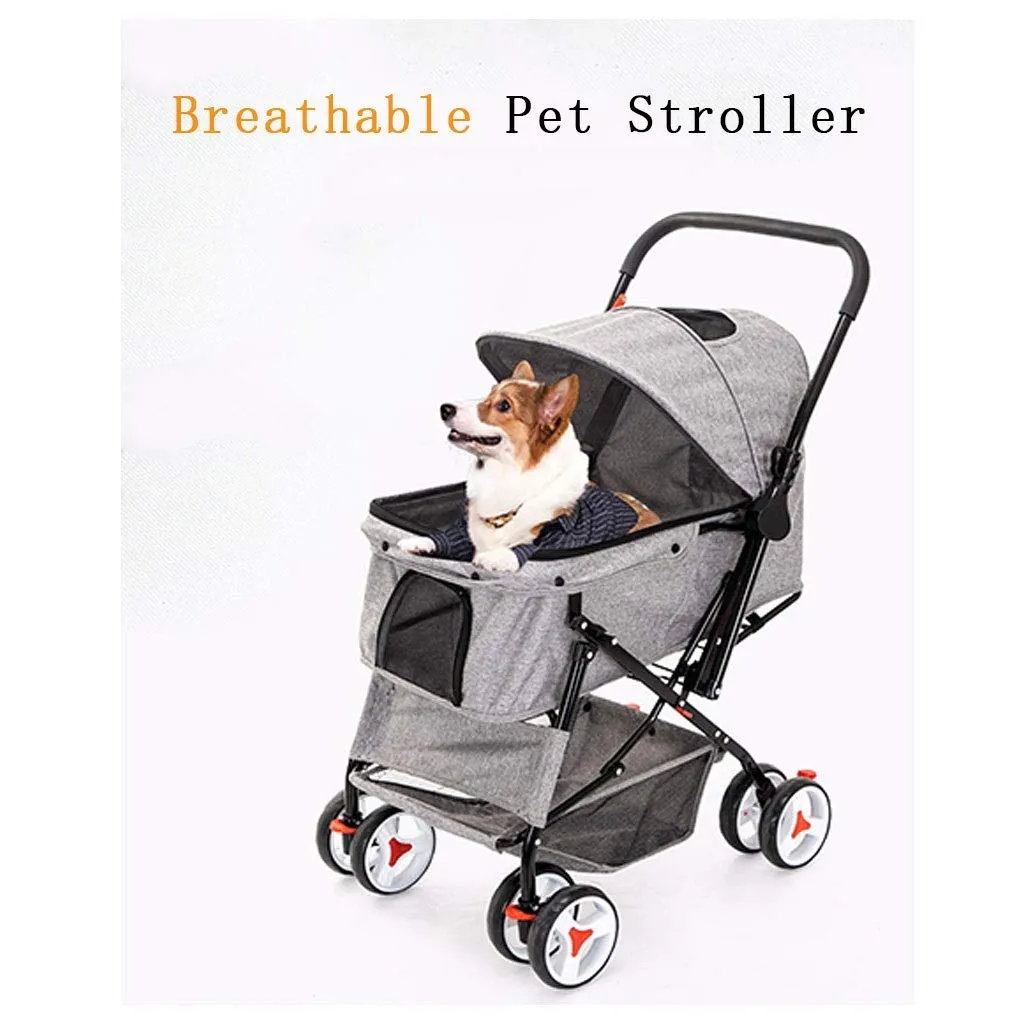 Cat/Dog Pram Stroller Easy One-Hand Fold, 4 Wheel Dog Strollers for Medium Small Dogs, Reversible Push Handle Pet Stroller Puppy & Kitten Carrier Extended Cockpit 25in(Gray a)
