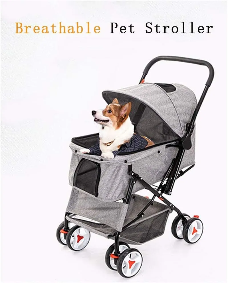 Cat/Dog Stroller Easy One-Hand Fold 4 Wheel Dog Strollers for Medium Small Dogs Reversible Push Handle Pet Stroller Puppy & Kitten Carrier Extended Cockpit (Grey)
