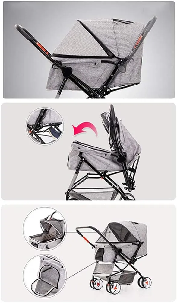 Cat/Dog Stroller Easy One-Hand Fold 4 Wheel Dog Strollers for Medium Small Dogs Reversible Push Handle Pet Stroller Puppy & Kitten Carrier Extended Cockpit (Grey)