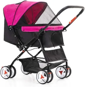 Cat/Dog Stroller Easy One-Hand Fold 4 Wheel Dog Strollers for Medium Small Dogs Reversible Push Handle Pet Stroller Puppy & Kitten Carrier Extended Cockpit (Rose Red)
