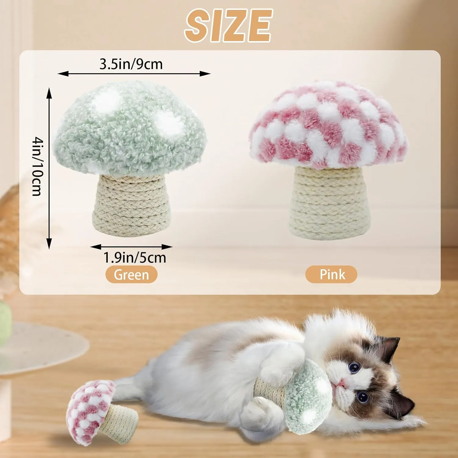 Catnip Toys for Cats, Cute Plush Mushroom Shape Cat Toys for Indoor Cats Adult, Built-in Sound Stone Cat Chew Toy for Teeth Cleaning Interactive Boredom Relief (Pink)