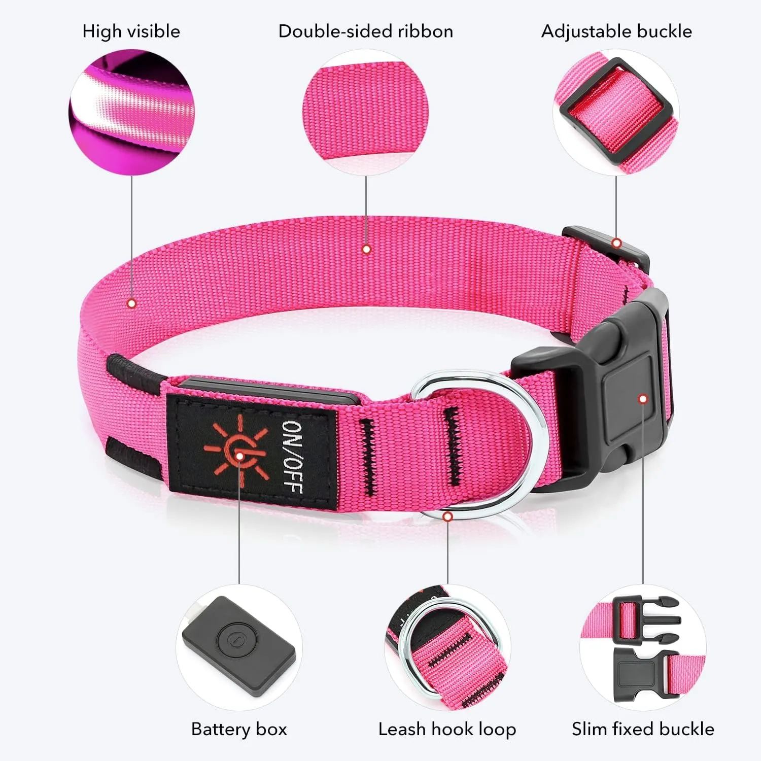 Colaseeme LED Dog Collar Light Up Dog Collars Micro USB Rechargeable Adjustable Nylon Webbing Plastic Buckle D Ring Glow Safety Basic Dog Collars for Dogs (L, Pink)